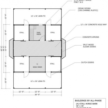 36x36 Option 3 4 Stall 1st Floor Plan with 2 12x36 lean-to
